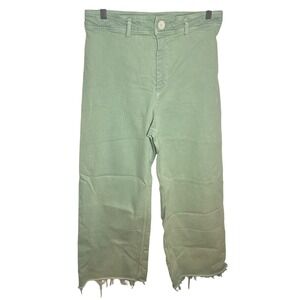Zara Wide Leg Pants Green High Waist Raw Hem Casual Trousers Size 10 Denim Jeans